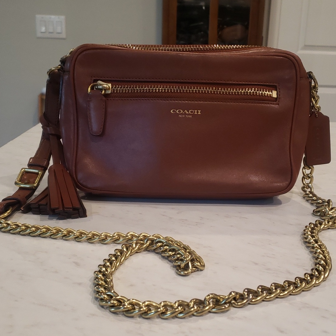 Coach Cognac Color Leather Crossbody Bag With Gold Chain Size Small